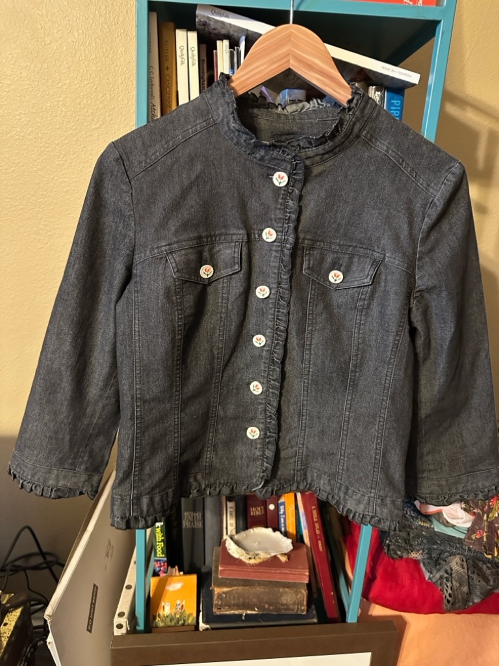 Sandro Washed Charcoal Gray Ruffle-Trim 3/4 Sleeve Spring Denim Jacket